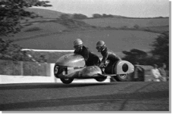 Dane Rowe passenger for Bill Copson, 1969 Sidecar TT, a Ballaugh Bridge